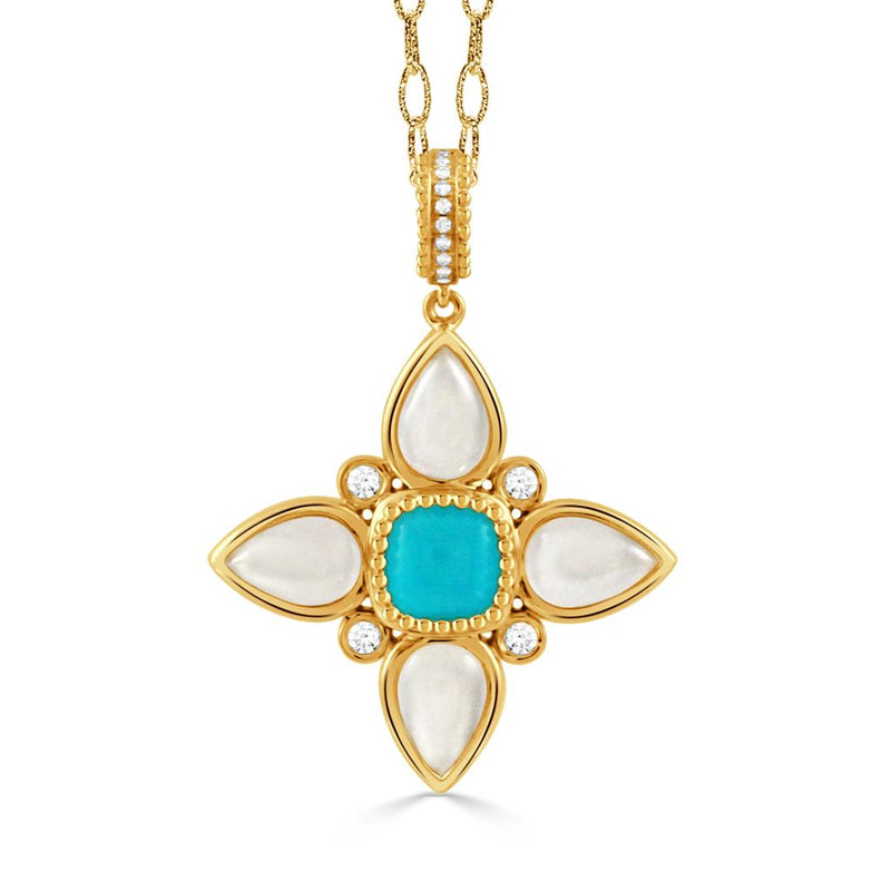 Doves 18k Yellow Gold Ravenna Turquoise, Mother of Pearl, and Diamond Floral Pendant Necklace