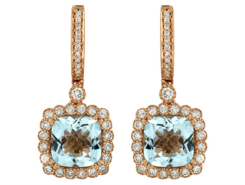 Davis Classics 14k Rose Gold Cushion Halo Aquamarine Drop Earrings