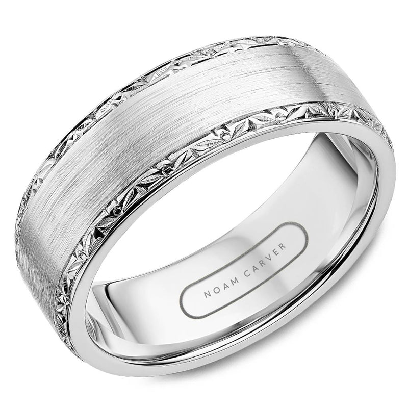 Noam Carver 14k White Gold Wedding Band with Sandpaper Finish and Engraved Edges