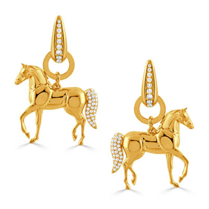 Doves 18k Yellow Gold Diamond Horse Dangle Earrings