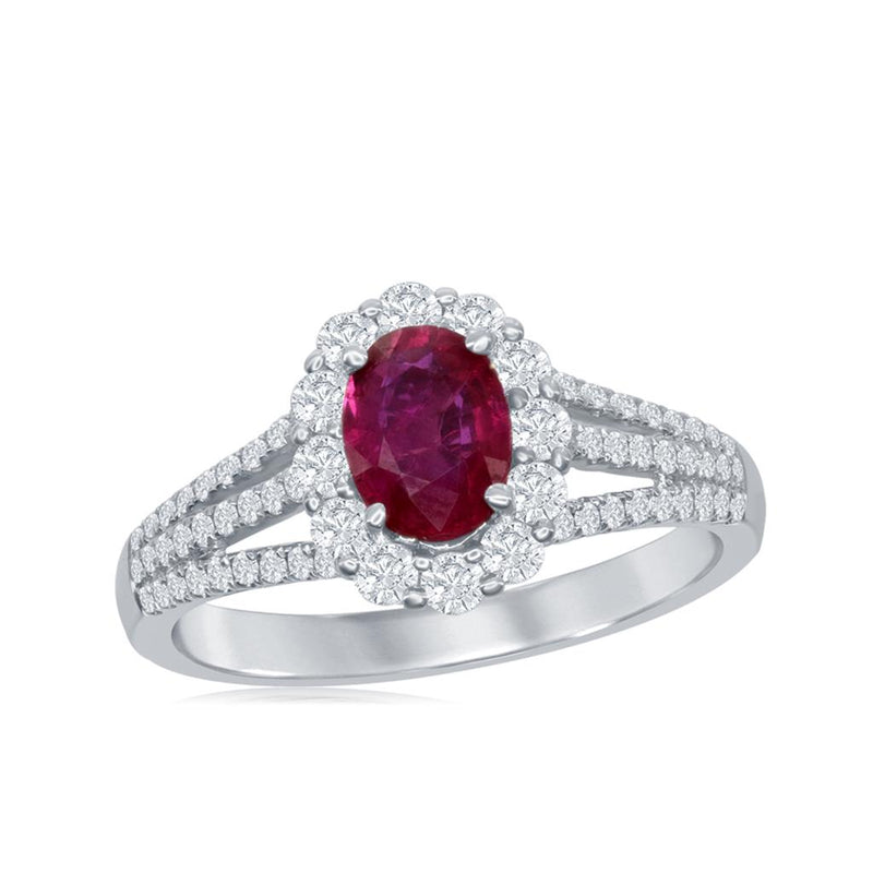 Davis Classics 18k White Gold Ruby and Diamond Halo Triple-Row Ring