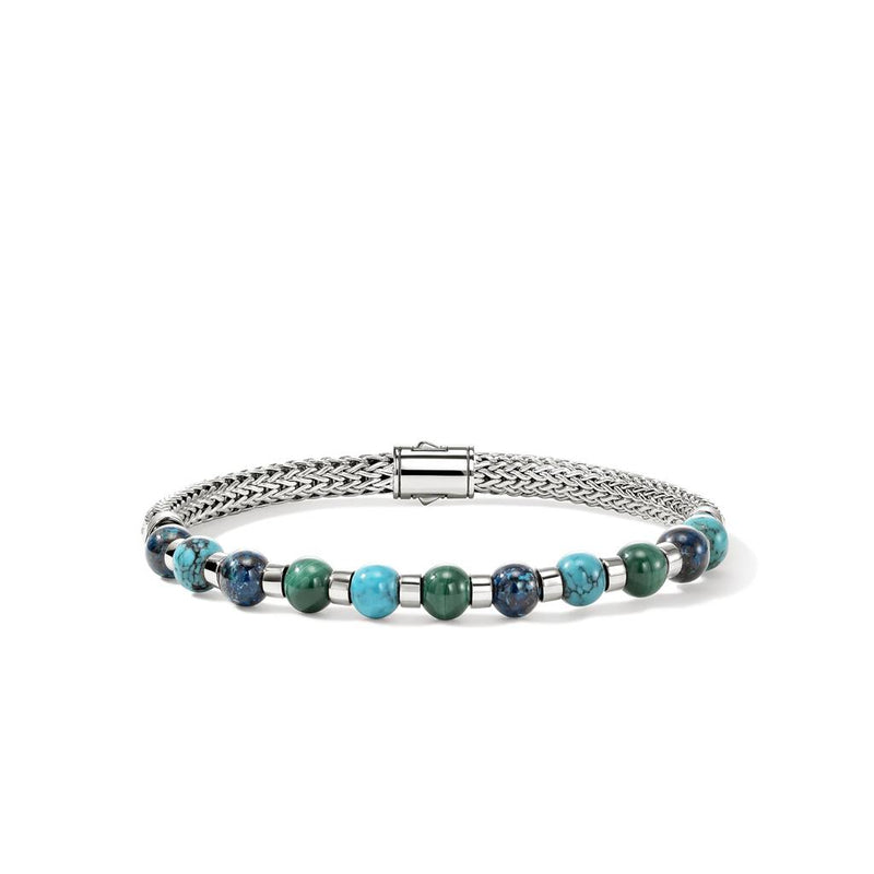 John Hardy Sterling Silver Chrysocolla, Malachite, and Turquoise Beaded Bracelet