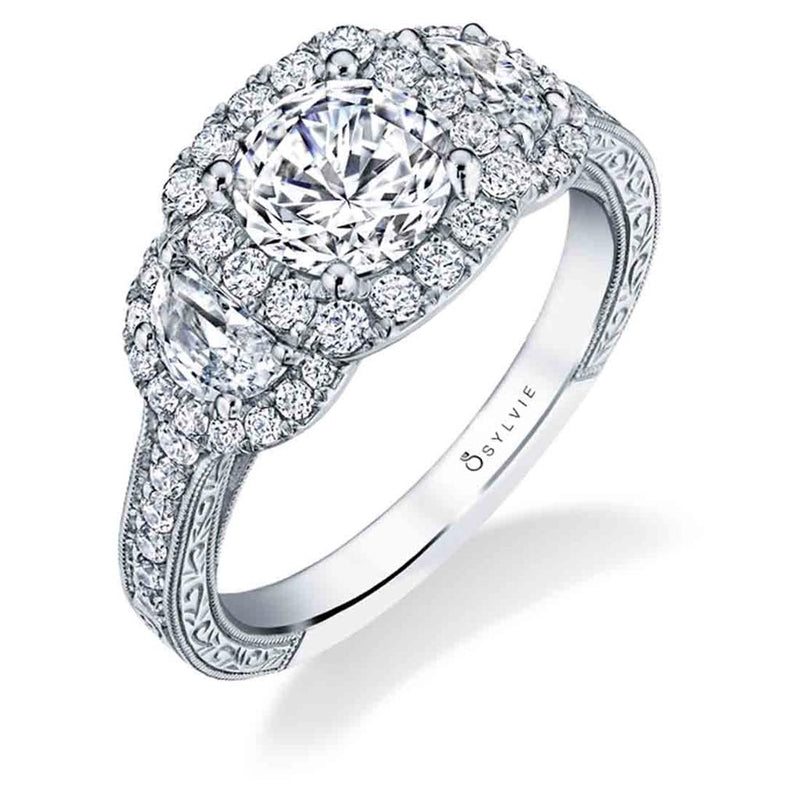 Sylvie 14k White Gold Halo Design Three-Stone Style Engagement Ring Setting with Milgrain Detail