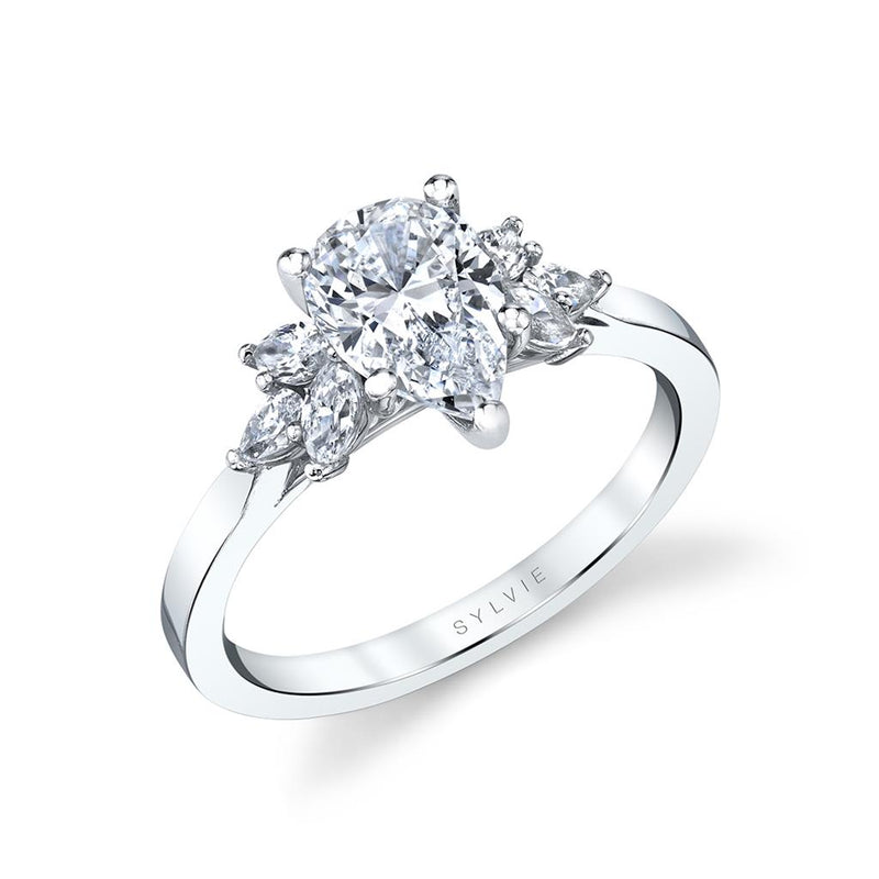 Sylvie 14k White Gold Floral Three-Stone Spired Engagement Ring Setting