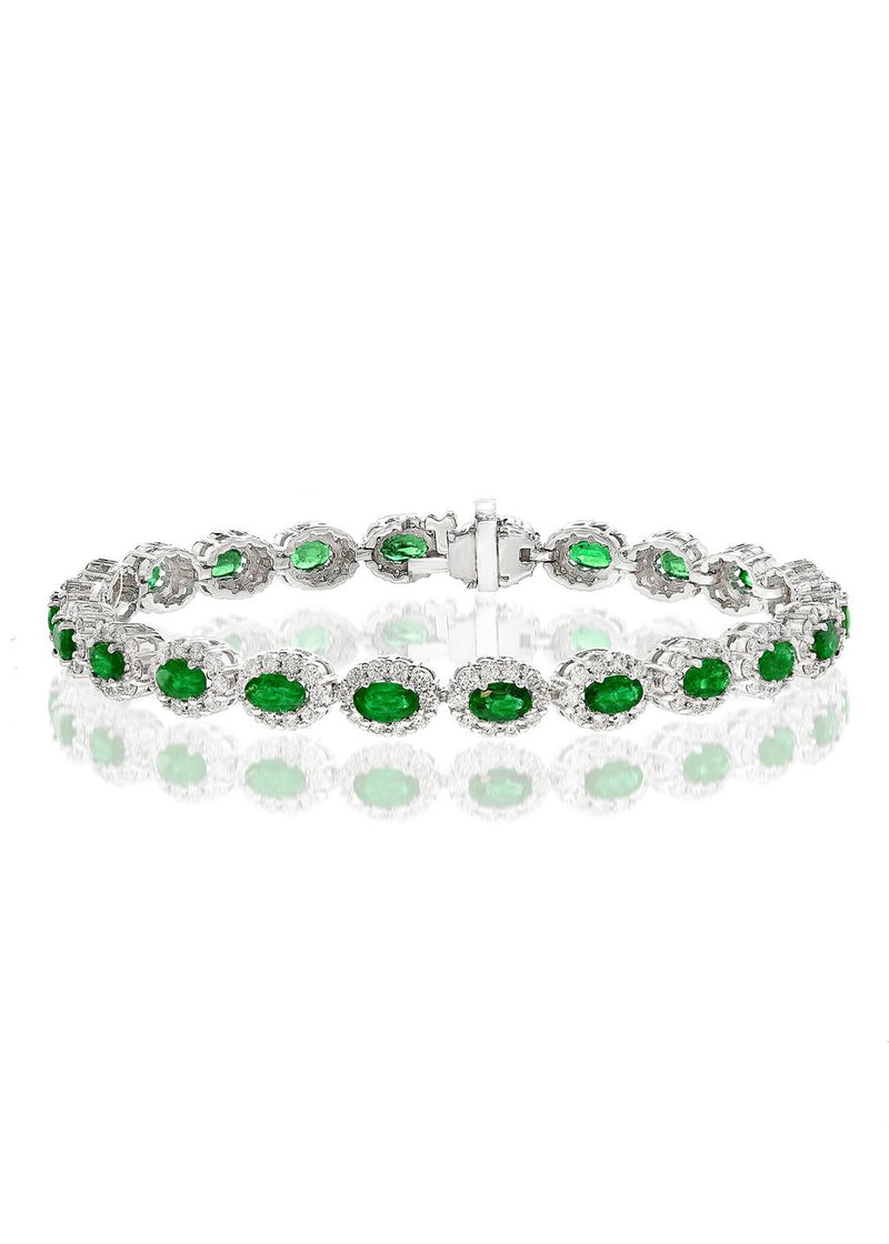 Davis Classics 14k White Gold Halo Design Emerald and Diamond Bracelet