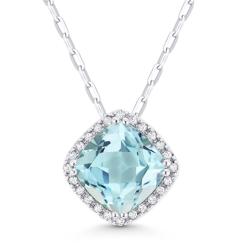 Madison L 14k White Gold Cushion Blue Topaz and Diamond Pendant