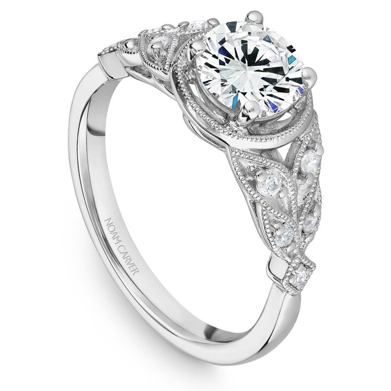 Noam Carver 14k White Gold Vintage Floral Design Engagement Ring Setting with Milgrain Detail