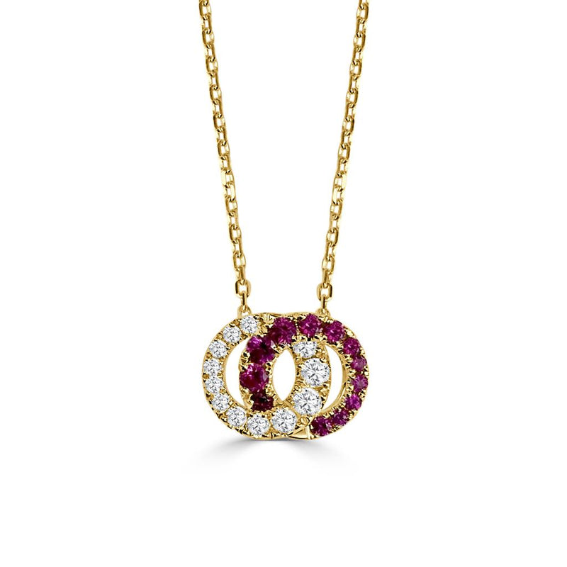Frederic Sage 14k Yellow and White Gold Ruby and Diamond Love Halo Interlocking Circle Pendant Necklace