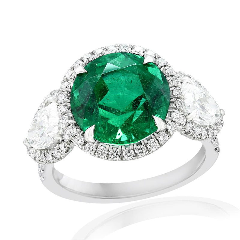 Davis Classics Platinum Halo Three-Stone Zambian Emerald and Diamond Ring