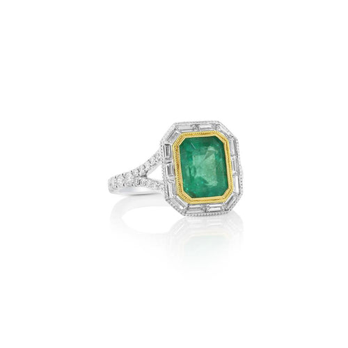 Yael 18k White and Yellow Gold Emerald and Diamond Art Deco Halo Ring