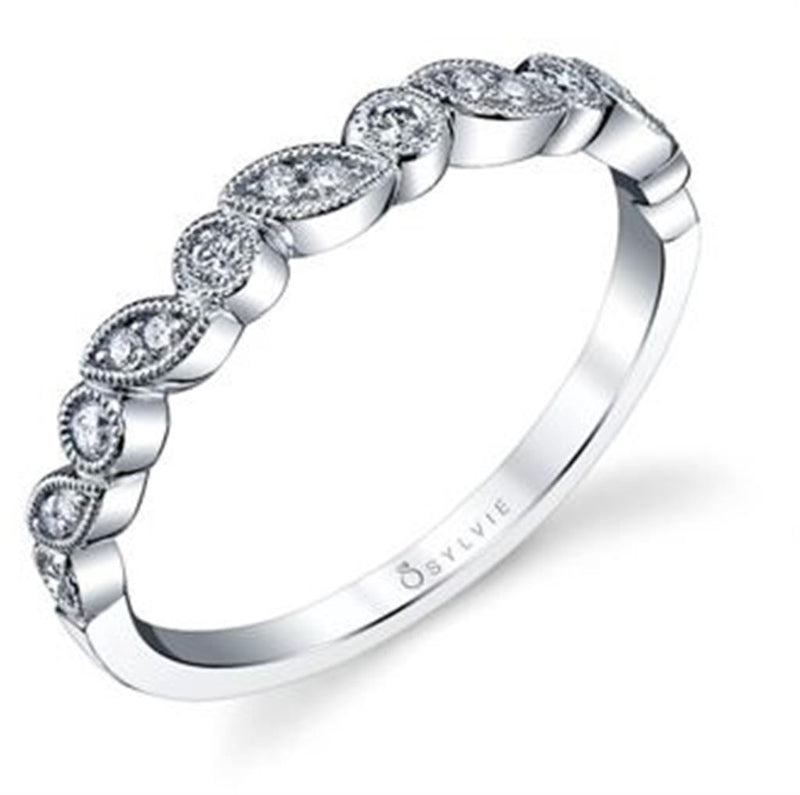 Sylvie Women's 14k White Gold Vintage Stackable Diamond Wedding Band with Milgrain Detail