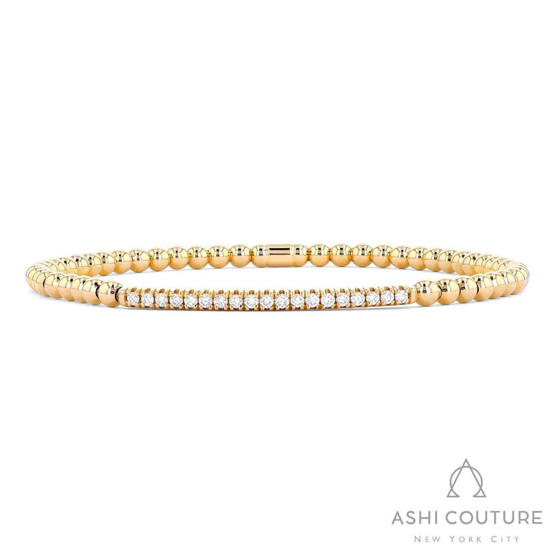 Davis Classics 18k Yellow Gold Couture Diamond Bar Bead Stretch Bangle Bracelet
