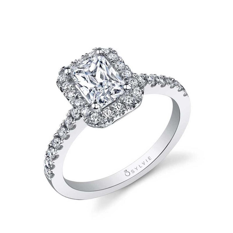 Sylvie 14k White Gold Emerald-Cut Halo Design Engagement Ring Setting