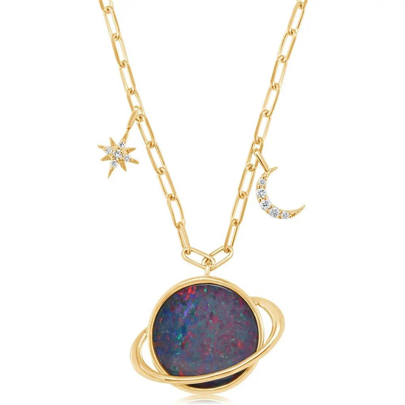 Davis Classics 14k Yellow Gold Australian Opal and Diamond Saturn Pendant Necklace