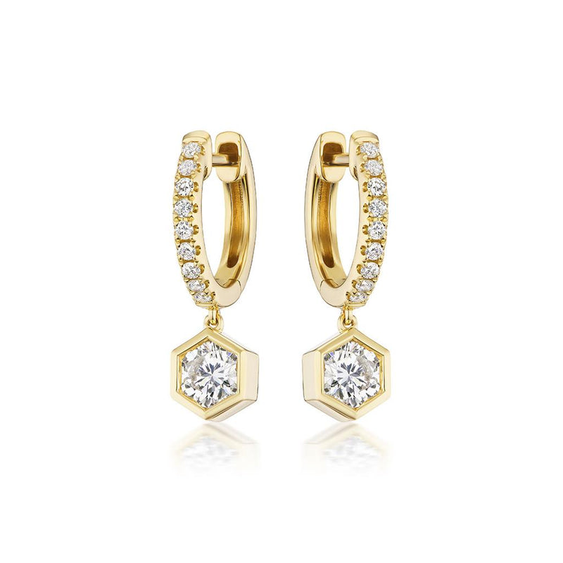 Davis Classics 18k Yellow Gold Hex Broadway Collection Diamond Drop Hoop Earrings