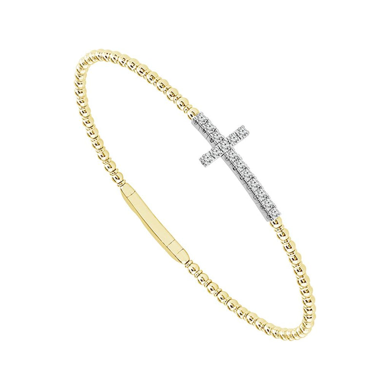 Davis Classics 14k Yellow and White Gold Flexie Collection Diamond Cross Bangle Bracelet