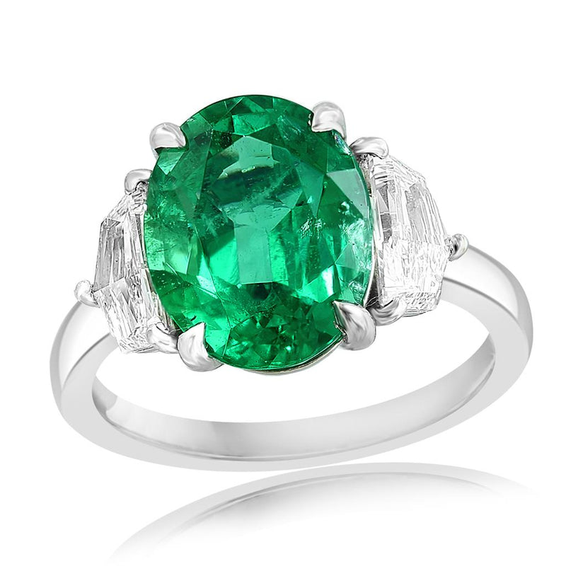 Davis Classics Platinum Three Stone Design Emerald and Diamond Fashion Ring