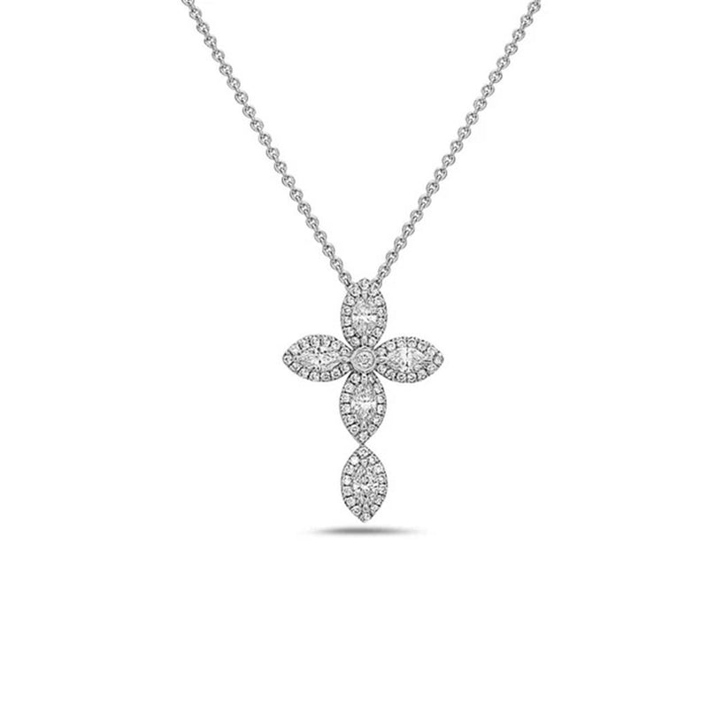 Charles Krypell 18k White Gold Marquise and Round Diamond Cross Pendant Necklace