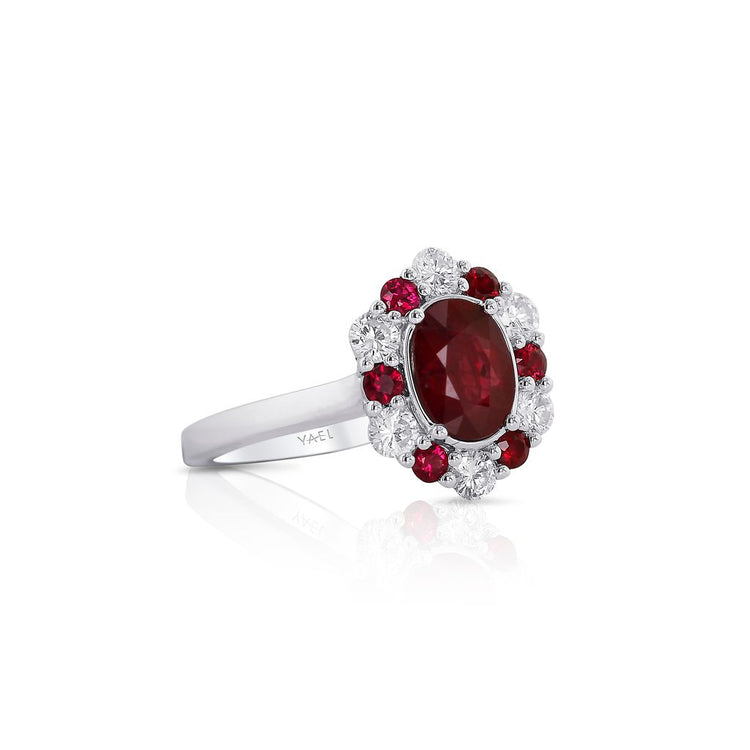 Davis Luxe 18k White Gold Burmese Ruby and Diamond Floral Halo Ring
