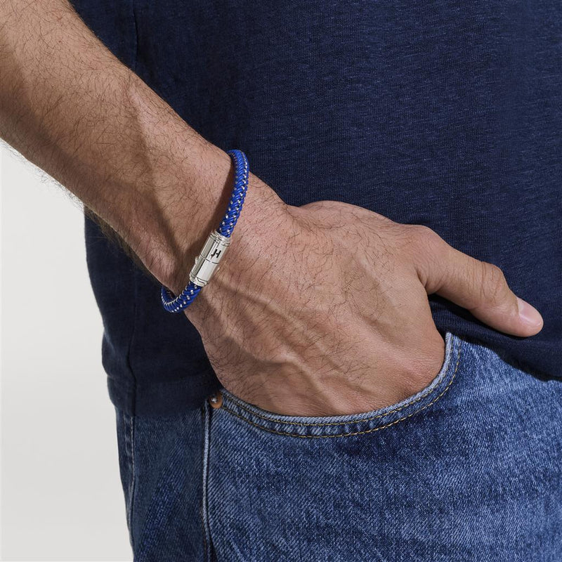 John Hardy Sterling Silver and Stainless Steel Woven Blue Rubber Bracelet