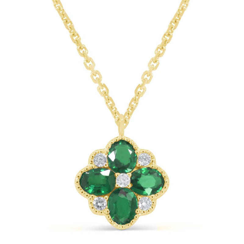 Madison L 14k Yellow Gold Vintage Floral Design Emerald and Diamond Pendant Necklace