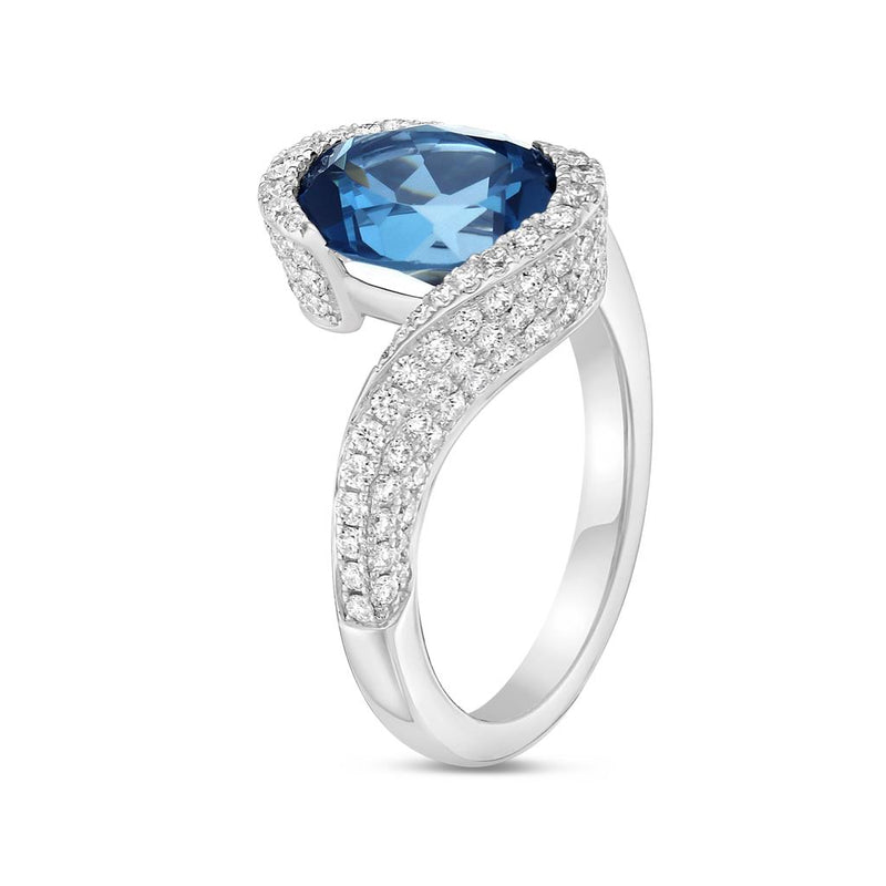 Charles Krypell 18k White Gold London Blue Topaz and Diamond Bypass Ring