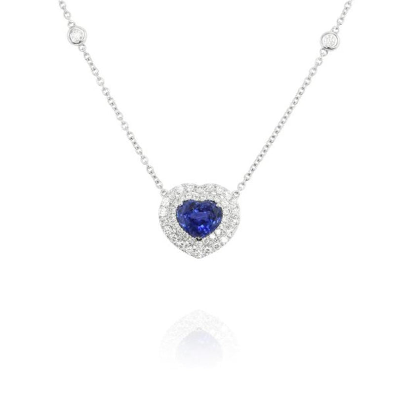 Yael 18k White Gold Sapphire and Diamond Double Halo Heart Pendant Necklace