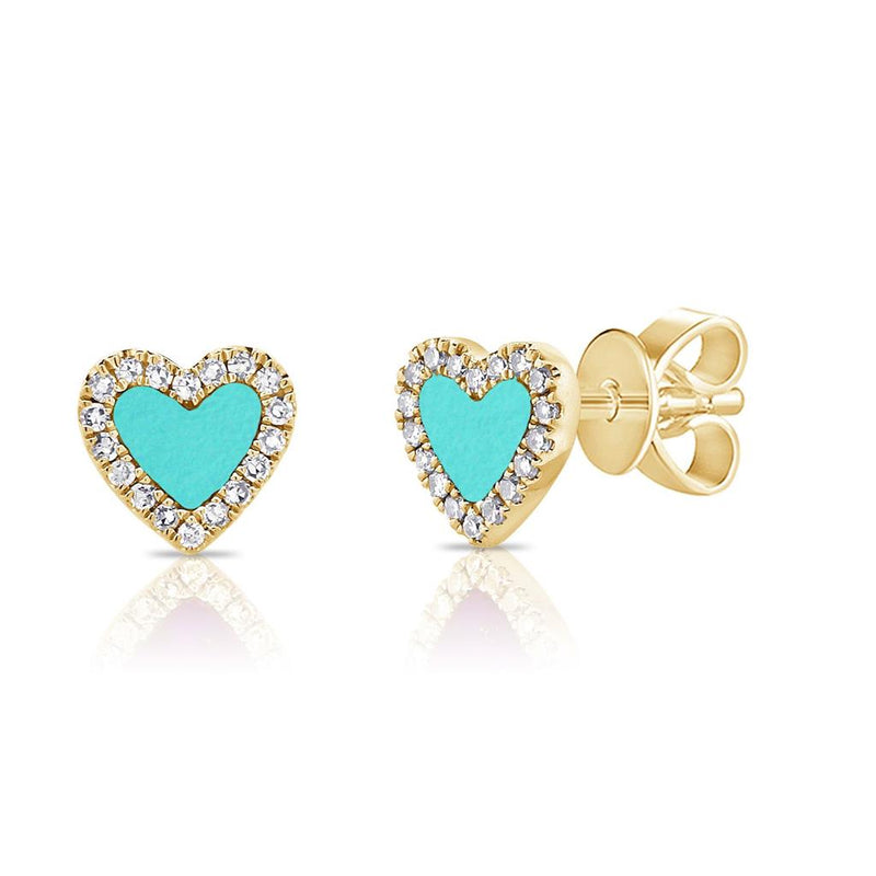 Davis Classics 14k Yellow Gold Turquoise and Diamond Heart Halo Stud Earrings