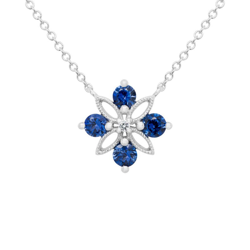 Davis Classics 14k White Gold Blue Sapphire and Diamond Floral Pendant Necklace