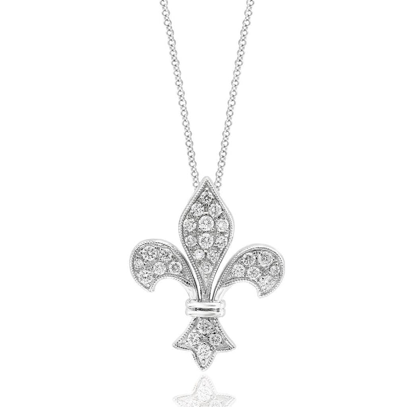Davis Classics 18k White Gold Fleur De Lis Diamond Pendant Necklace