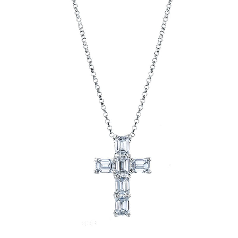 Davis Classics 14k White Gold Emerald-Cut Diamond Cross Pendant Necklace