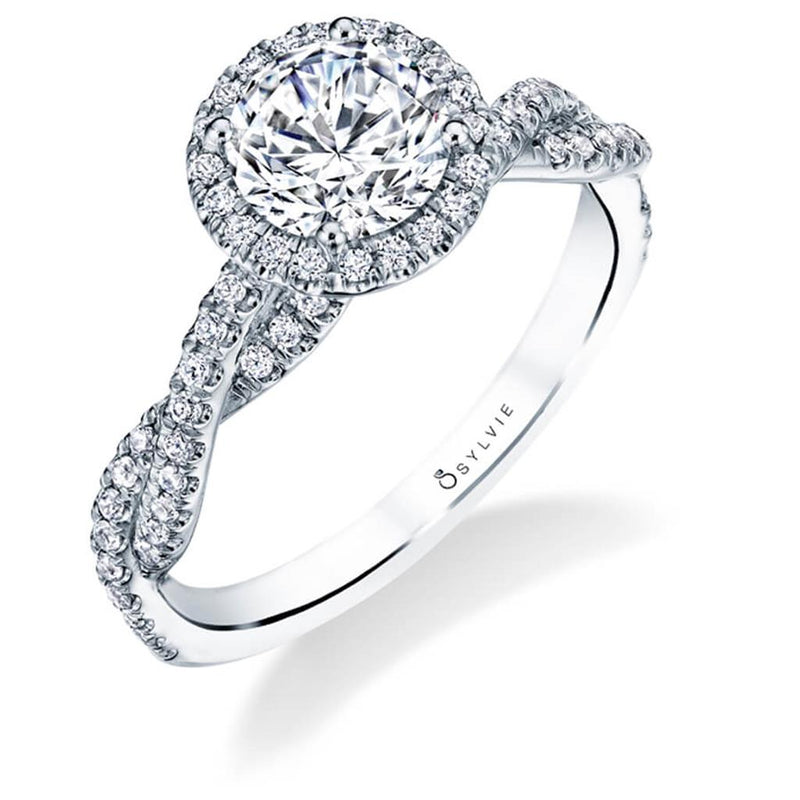 Sylvie 14k White Gold Halo Design Engagement Ring Setting with Crossover Shank