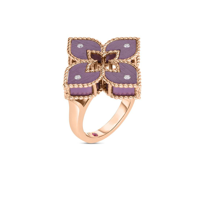 Roberto Coin 18k Rose Gold and Purple Titanium Venetian Princess Collection Floral Fashion Ring