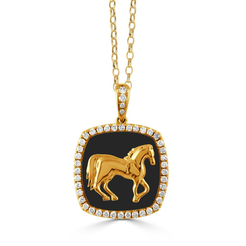 Doves 18k Yellow Gold Equestrian Black Onyx and Diamond Halo Horse Pendant Necklace