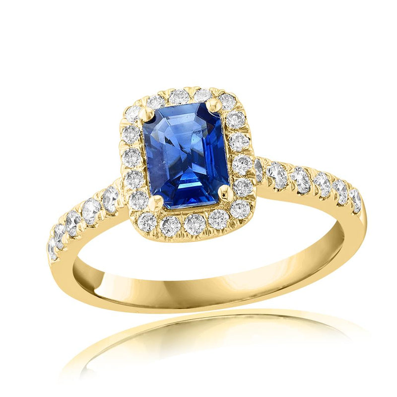 Davis Classics 18k Yellow Gold Blue Sapphire and Diamond Halo Ring