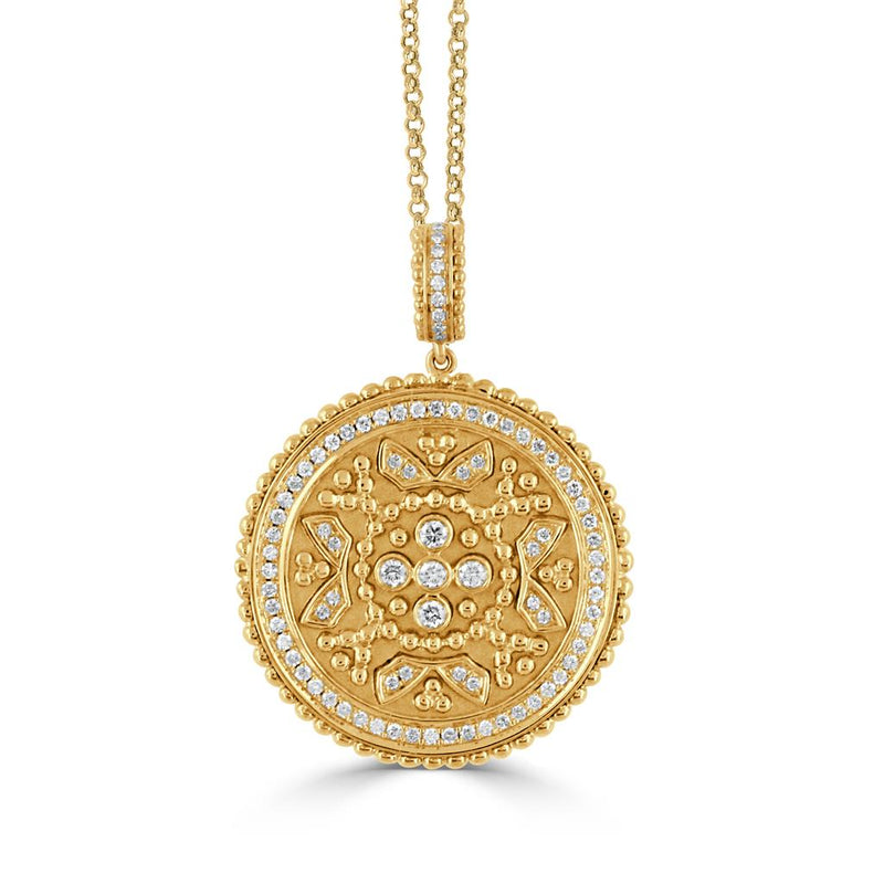 Doves 18k Yellow Gold Byzantine Diamond Floral Disc Pendant Necklace
