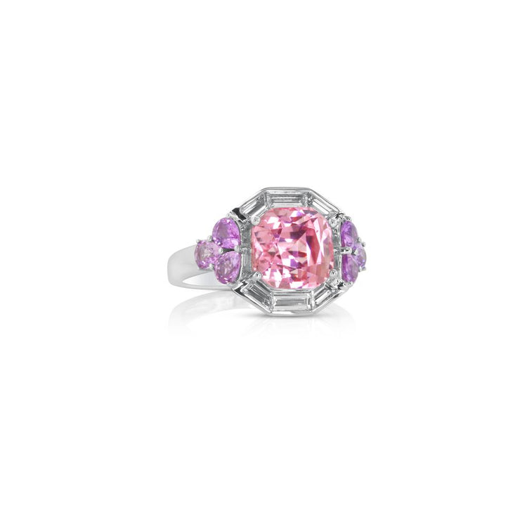 Davis Luxe 18k White Gold Pink Tourmaline, Purple Sapphire and Diamond Art Deco Halo Fashion Ring