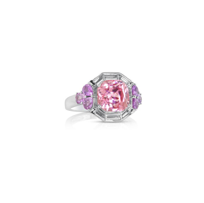 Yael 18k White Gold Pink Tourmaline, Purple Sapphire and Diamond Art Deco Halo Fashion Ring