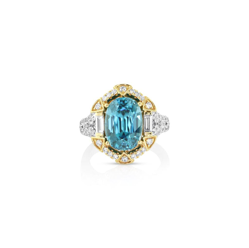 Yael 18k White and Yellow Gold Cambolite and Diamond Art Deco Halo Ring