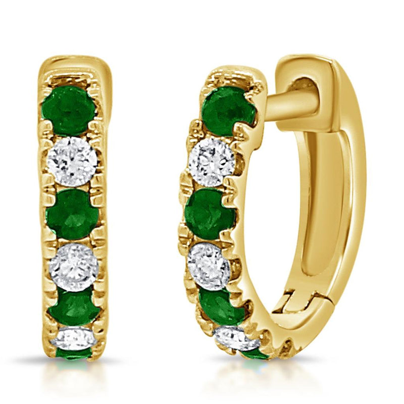 Davis Classics 14k Yellow Gold Emerald and Diamond Huggie Hoop Earrings