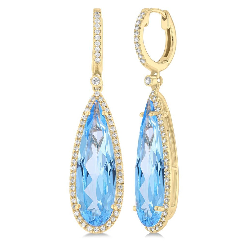 Davis Classics 14k Yellow Gold Halo Design Blue Topaz Dangle Earrings