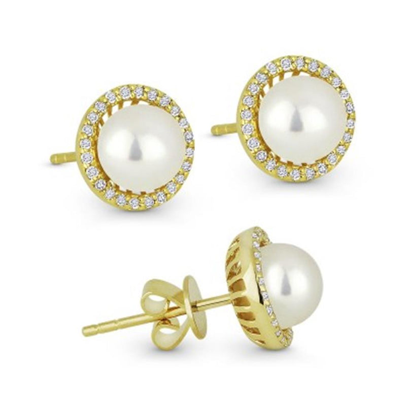 Madison L 14k Yellow Gold Halo Pearl and Diamond Stud Earrings