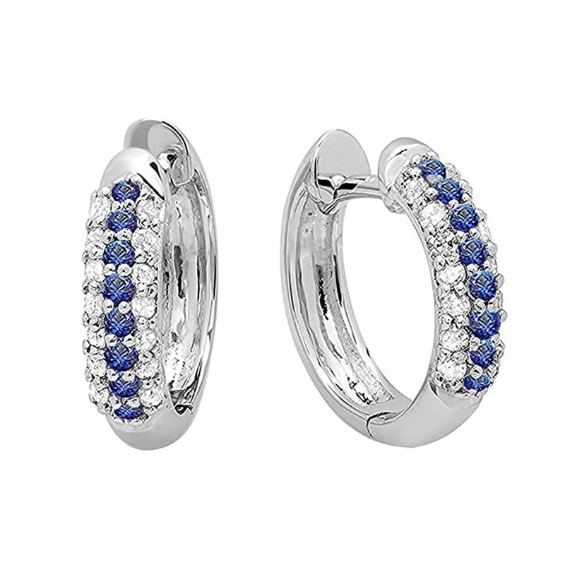 Davis Classics 14k White Gold Blue Sapphire and Diamond Huggie Hoop Earrings