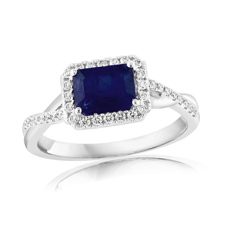 Davis Classics 18k White Gold Ceylon Sapphire and Diamond Halo Crossover Ring