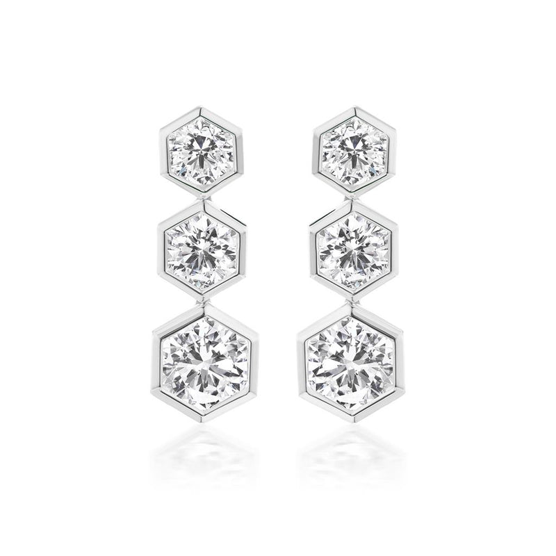 Davis Classics 18k White Gold Hex Broadway Triple Diamond Drop Earrings