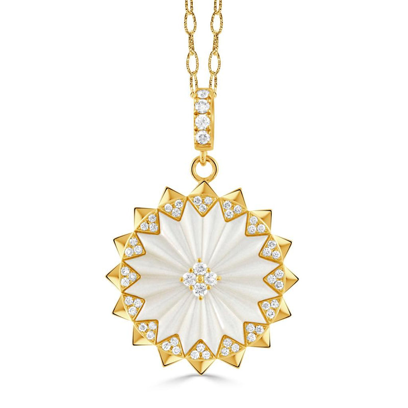 Doves 18k Yellow Gold White Orchid Collection Clear Quartz and Mother of Pearl Floral Pendant