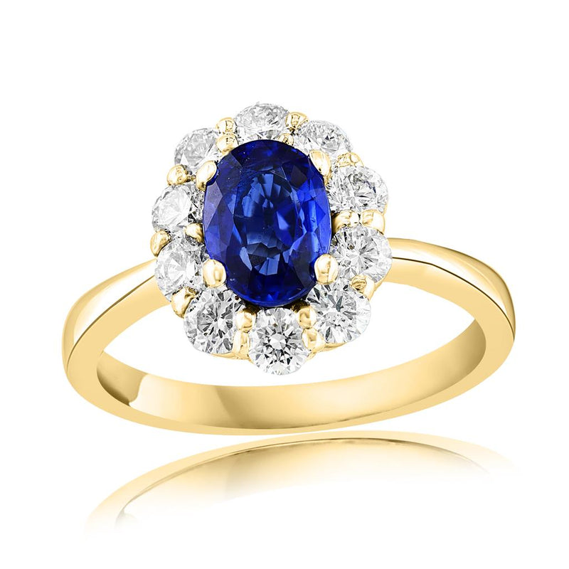 Davis Classics 18k Yellow Gold Blue Sapphire and Diamond Floral Halo Ring
