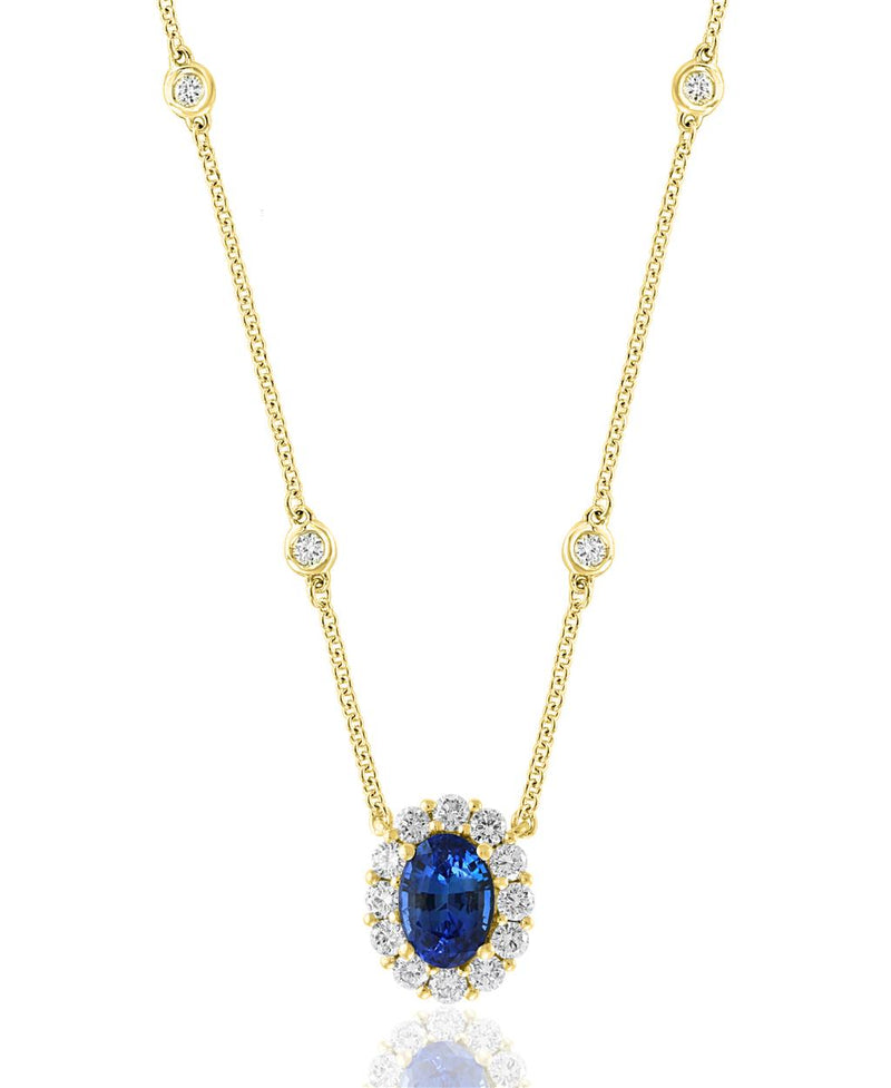 Davis Classics 18k Yellow Gold Diamond by the Yard Blue Sapphire Halo Pendant Necklace