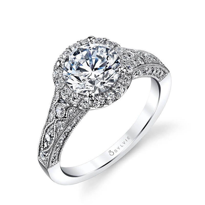 Sylvie 14k White Gold Vintage Design Engagement Ring Setting with Milgrain Detail