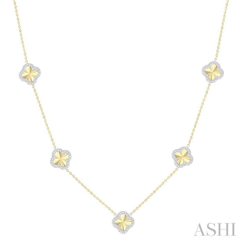 Davis Classics 14k Yellow and White Gold Fluted Diamond Clover Station Necklace